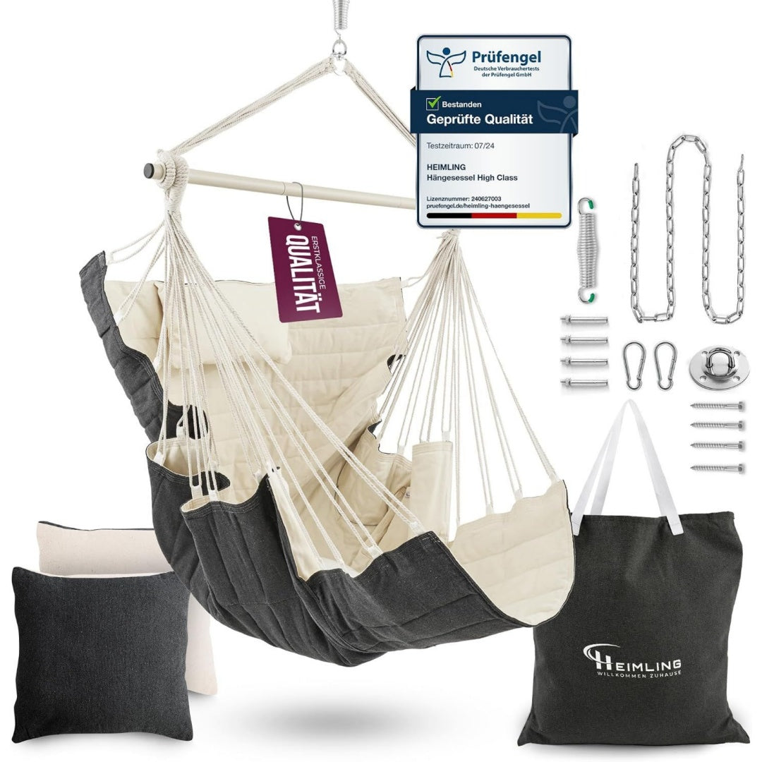 HEIMLING Haengesessel High-Class Outdoor Indoor XXL All Inclusive Paket mit Aufhaengung + 3 Kissen Kinder Erwachsene bis 150 kg Haengematte Wohn