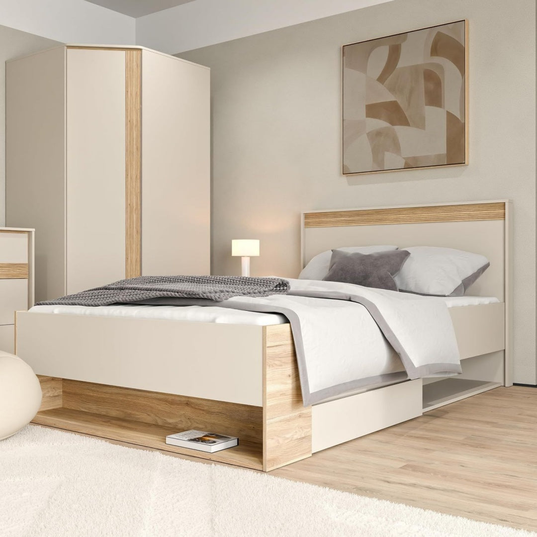 WEXLIN Bettgestell Beige eiche 120 x 200 cm Liegeflaeche modernes Bett mit Schublade und Regal