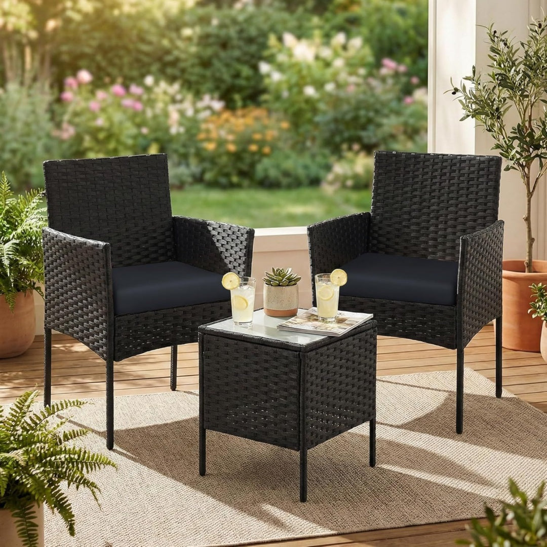 Balkonmoebel Schwarz grau Gartenmoebel-Set Tisch und 2 Stuehle