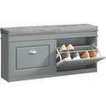 Schuhbank mit 2 Klappen fuer Flur Sitzbank mit Stauraum und gepolstertem Kissen Grau hellgrau 104x52x24cm MDF FSC bis 150kg belastbar