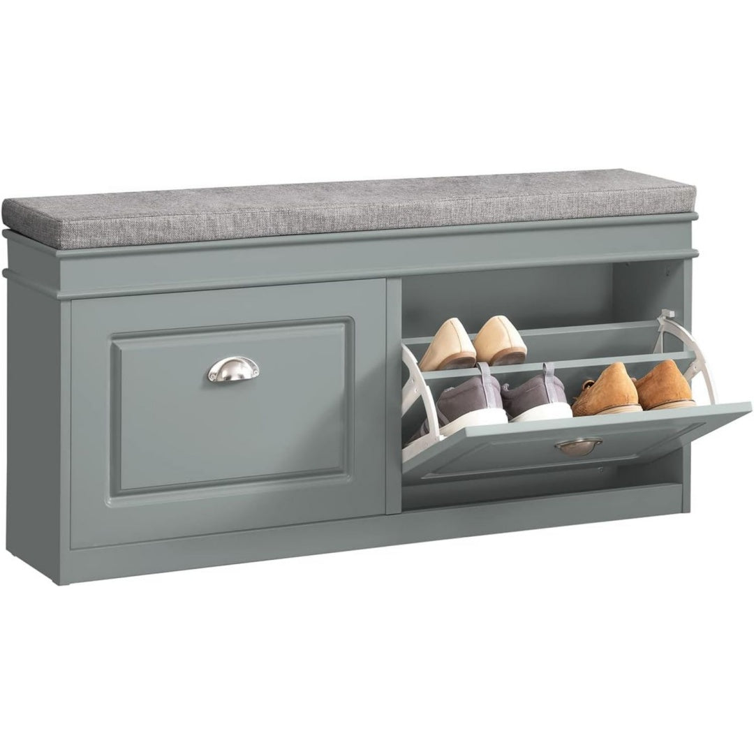 Schuhbank mit 2 Klappen fuer Flur Sitzbank mit Stauraum und gepolstertem Kissen Grau hellgrau 104x52x24cm MDF FSC bis 150kg belastbar