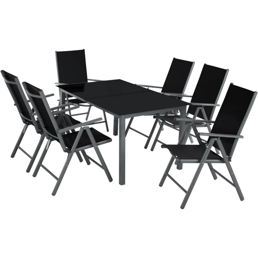 Garten-Essgruppe anthrazit Glastisch 6 Klappstuehle
