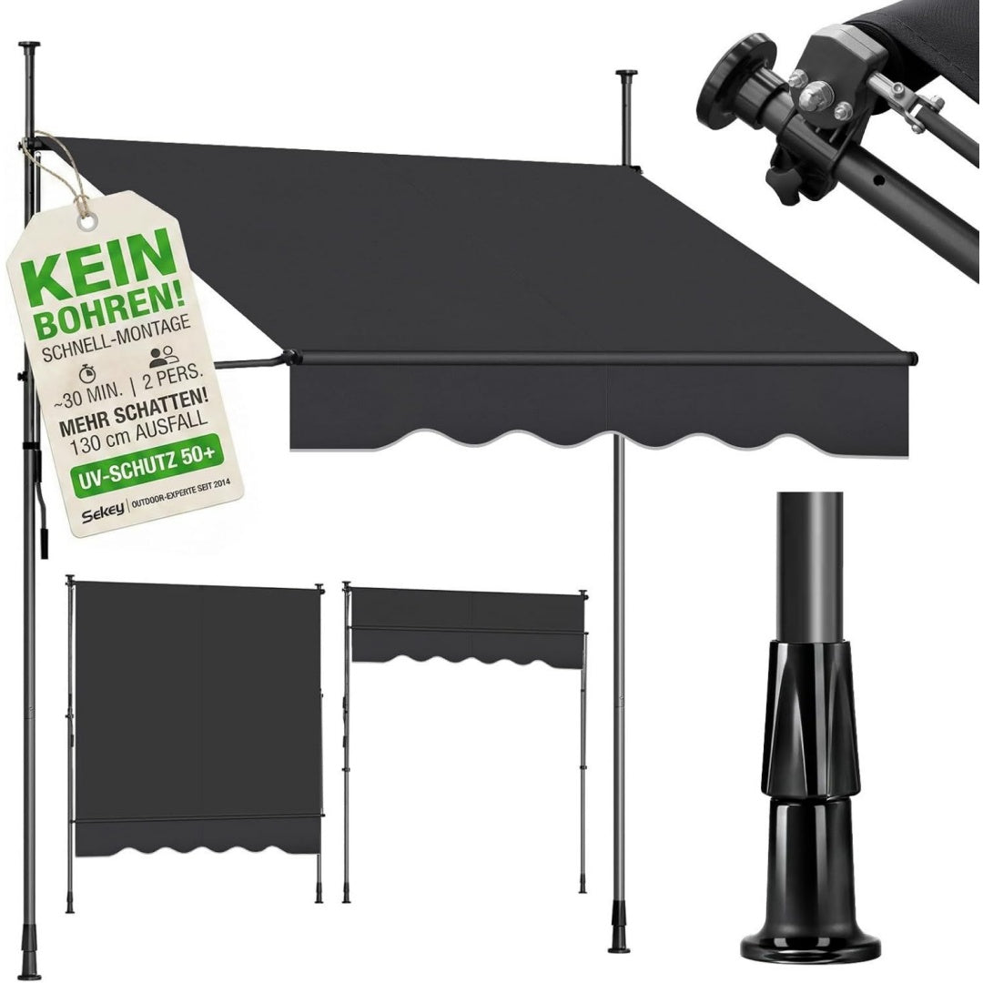 Sekey Klemmmarkise 300 cm breit anthrazit Markise Balkon ohne Bohren mit Handkurbel 130 cm Ausfall