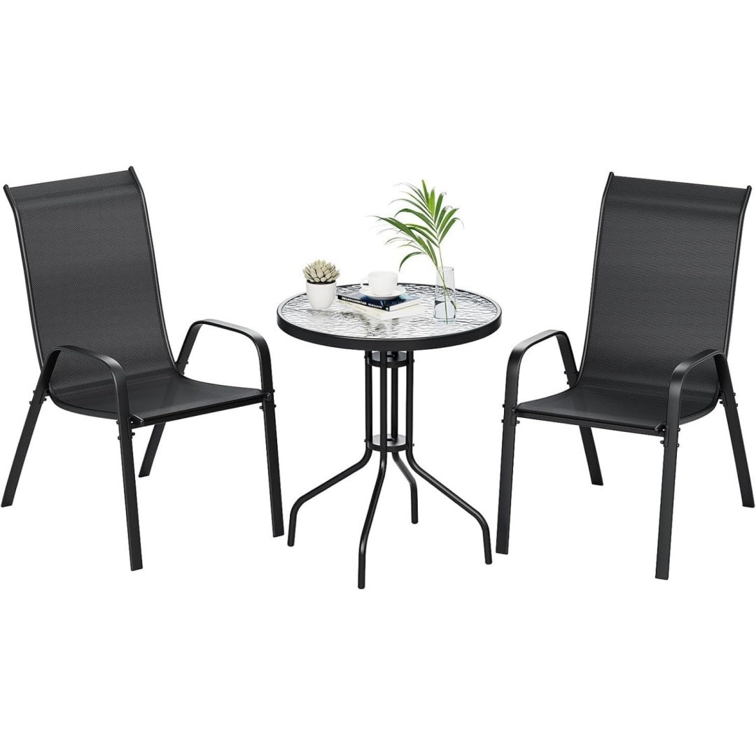 3-teiliges Balkonmoebel Set 3pcs Bistroset Gartenmoebel-Set mit Terassentisch Rund (Gehaertetes Glas) + 2 Stapelbare Hochlehner (Textilene Metall