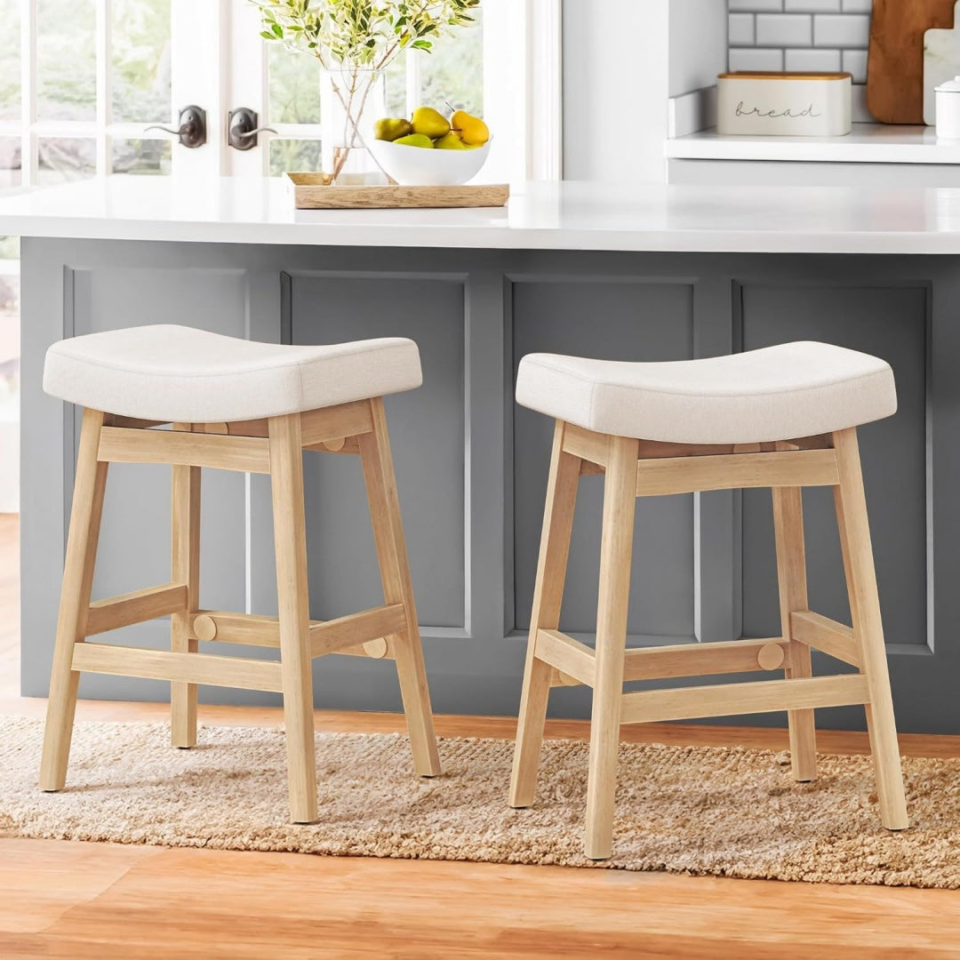 LUE BONA Barhocker 2er Set Beige 61 cm Hoch Kuechenhocker mit Stoff Sitzflaeche und Fussstuetze