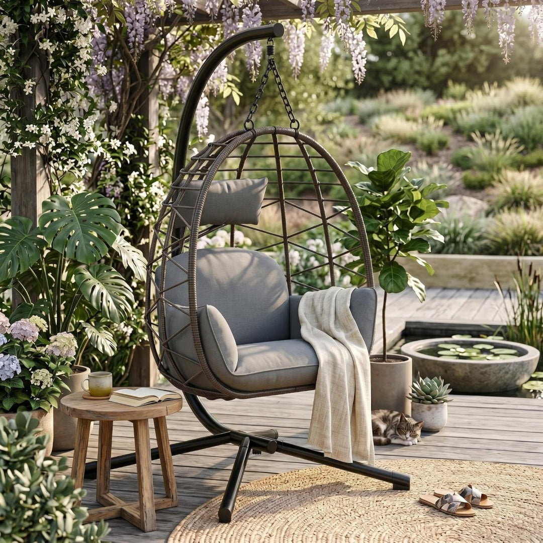 Haengesessel mit Gestell Outdoor bis 150 kg belastbar Grau rattan Haengesessel mit Metallgestell inkl. wetterfester Schutzhuelle