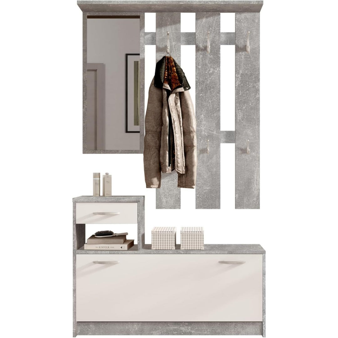 Vera Garderobe mit Spiegel - Kompaktgarderobe Korpus Beton Optik - (B/H/T) (B/H/T) Weiß matt 100 x 190 x 26 cm Paneel mit Hutablage und 6 Haken Bank