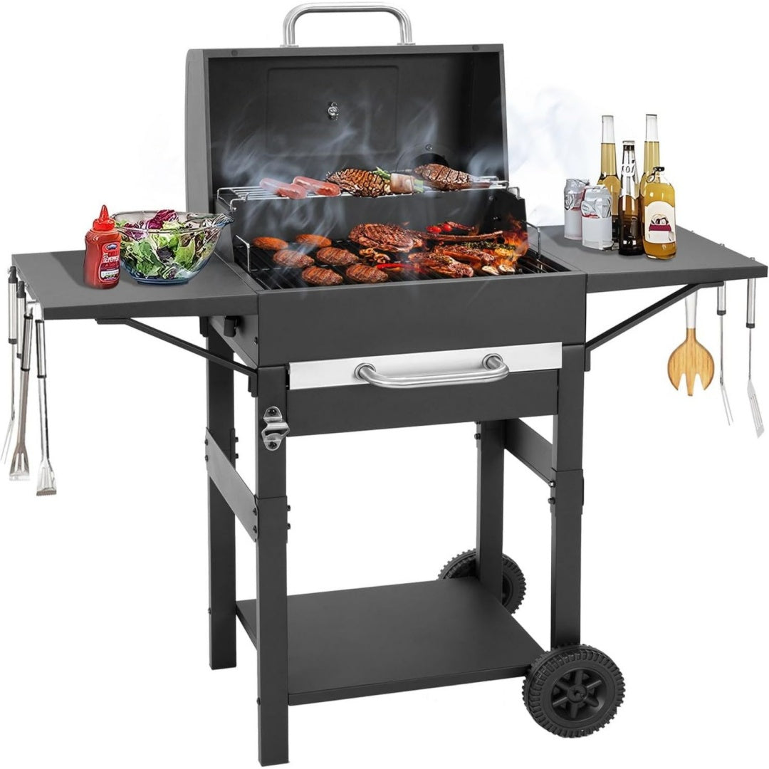Holzkohlegrill mit Deckel Grill fuer Outdoor Garten edelstahl Camping BBQ Smoker Garten/Camping Grosser Holzkohle-Grillwagen mit Deckel Gusseisenrost