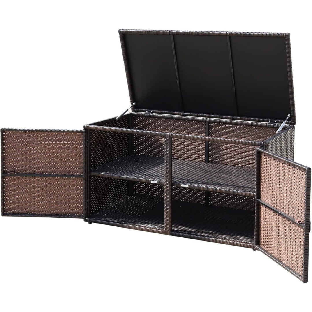 Auflagenbox Braun rattan Aufbewahrungstruhe mit Doppeltueren und Deckel 2 stoeckiger Gaertnerschrank