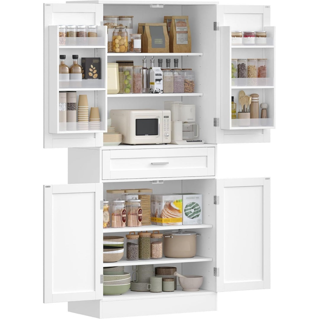 Buffetschrank mit 6-stufigem Tuerrueckseiten-Regalsystem Kuechenschrank Weiß 40 x 80 x 180 cm Sideboard mit 4 Tueren und 1 Grosser Schublade Kueche