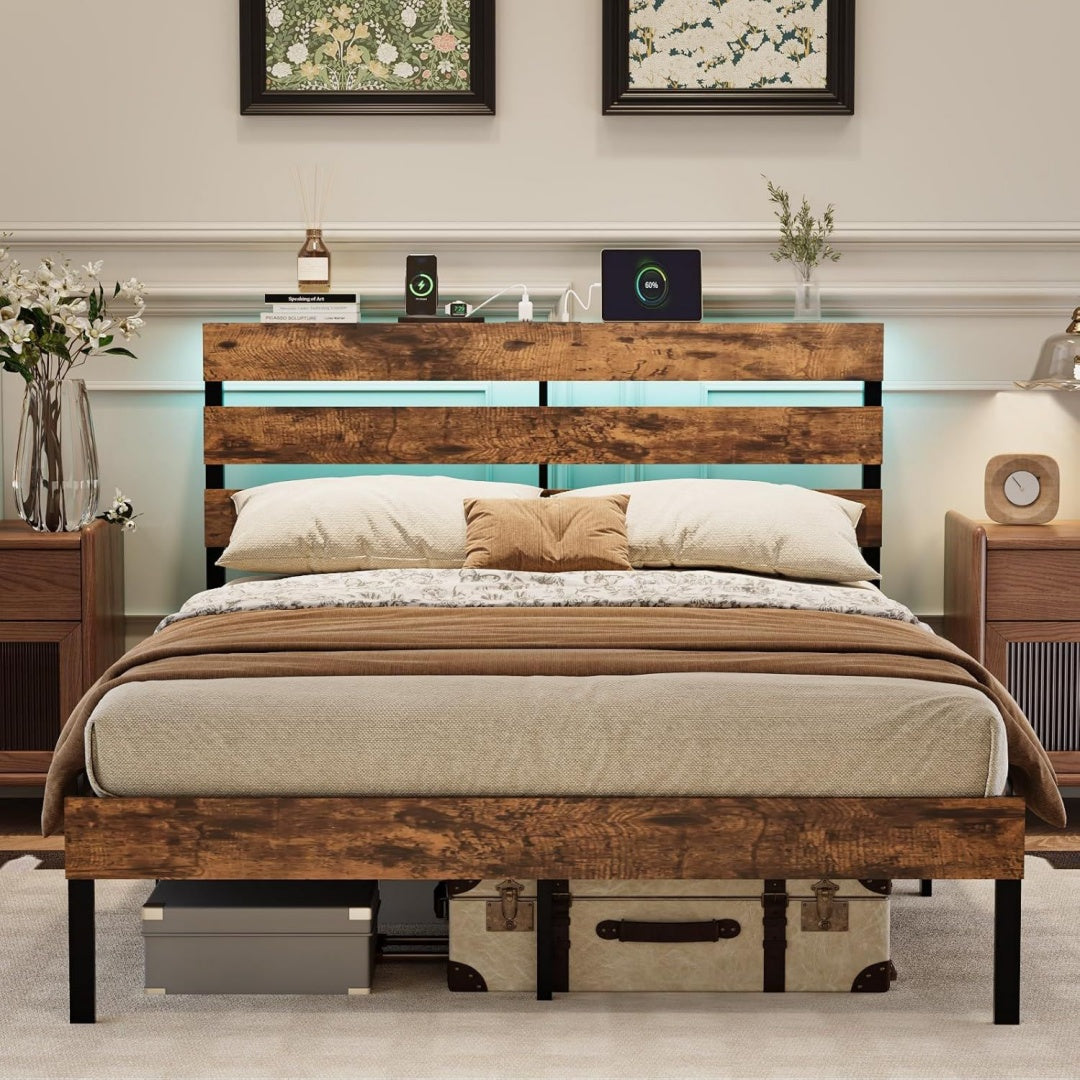 Bonnlo Bettrahmen Metallbett mit Beleuchtung Braun holz 160x200cm Bett mit Ladefunktion Kinderbett
