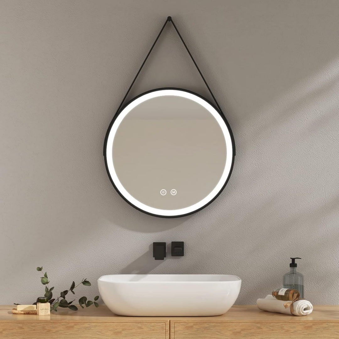 EMKE Badspiegel mit Beleuchtung rund 50cm Schwarz 3 Lichtfarbe dimmbar Badezimmerspiegel mit schwarzer Rahmen Speicherfunktion