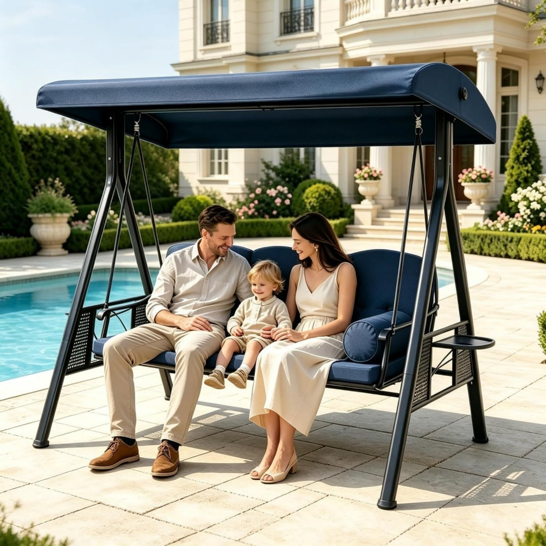 YODOLLA 3-Sitzer Hollywoodschaukel mit verstellbarem Baldachin Blau Gartenschaukel Verandaschaukel fuer Erwachsene Aussenschaukelbank mit abnehmbarem