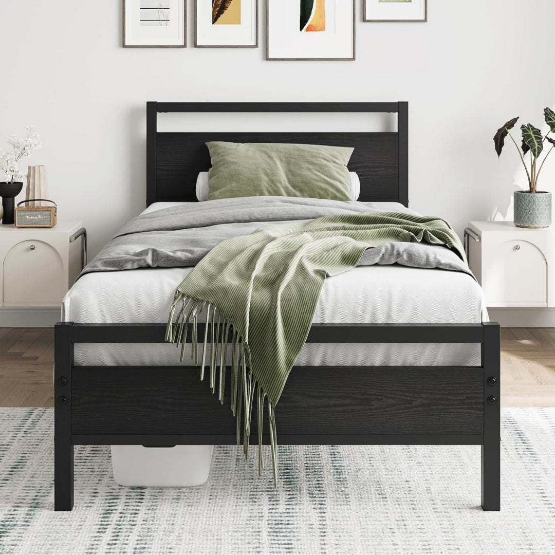 HOJINLINERO Bettgestell Metallbett Einzelbett mit Kopfteil Robuste Stahlleisten Schwarz 90 x 200 Unterbettstauraum Keine Boxspring Benoetigt