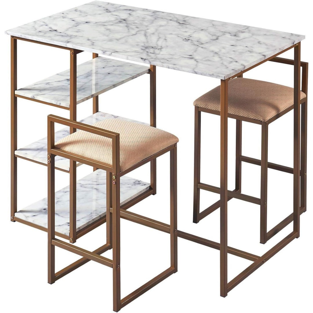 Teamson Marmo 3-Stuecke Fruehstuecks-Ess-Set Weiß gold Bartisch und 2 Gepolsterte Hocker mit Stauraum Tischplatte aus Weissem Marmor und Beine in