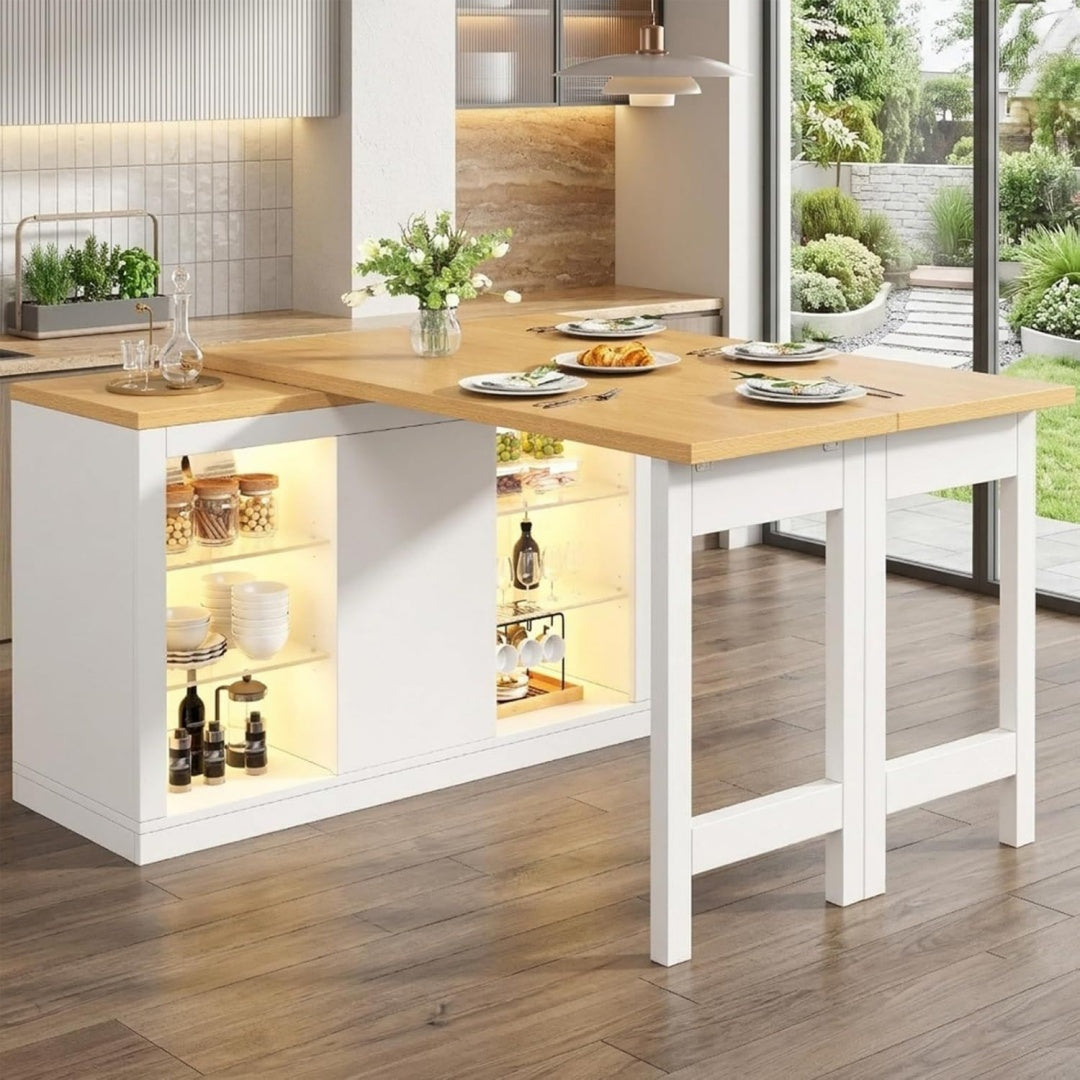 Ausziehbarer Kuecheninsel-Esstisch mit App-steuerbarer LED Weiß 120-197cm 360 drehbar