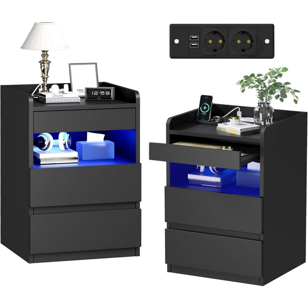 BEWISHOME Nachttisch 2er Set Nachttischlampe mit Ladefunktion Schwarz Nachttischlampe Dimmbar Bedside Table 2 Schublade Moderne mit Geheimfach fuer
