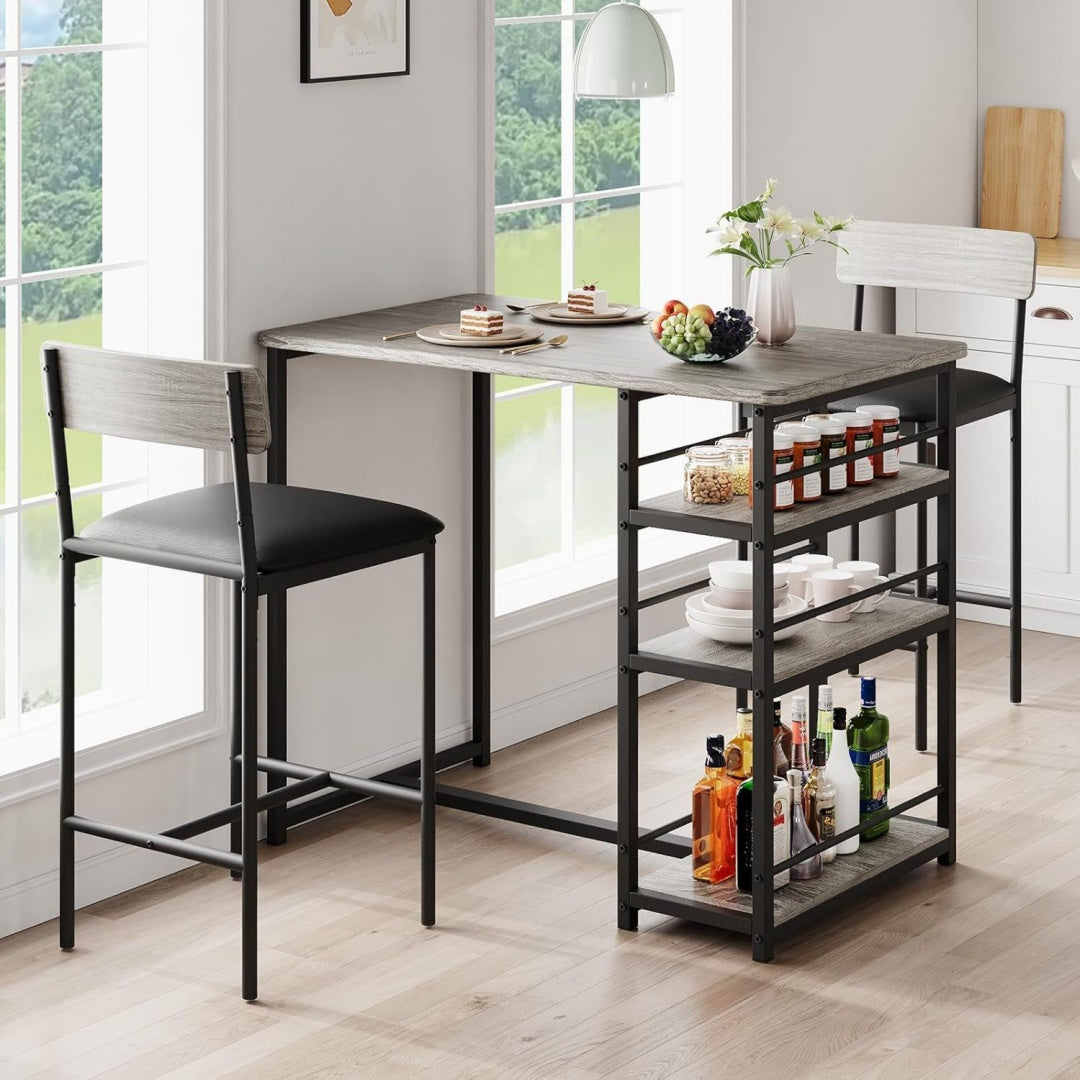 Bartisch mit Barhocker Set 3-Teilig Kleiner Esstisch mit 2 Gepolsterten Stuehlen 3 Ablagen fuer Kueche Esszimmer