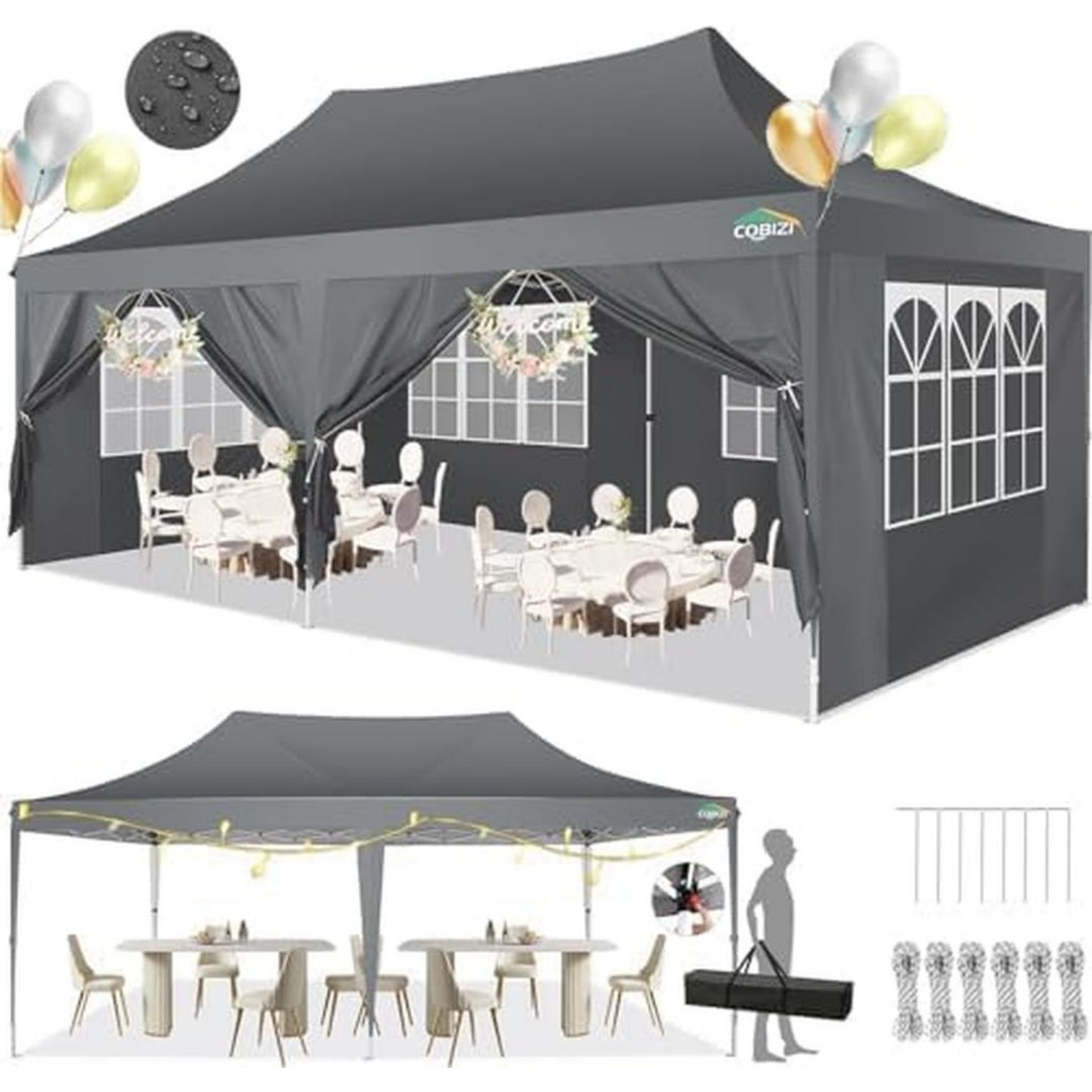 Pavillon Wasserdicht Stabil mit 6 Seitenteilen Grau 3x6m Faltpavillon Partyzelt Pop Up Camping Gartenzelt Gartenpavillon fuer Garten Party