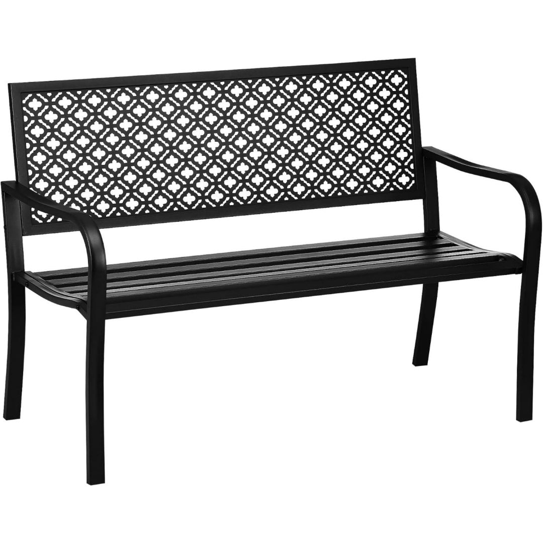 Gartenbank Stahl 2-Sitzer Parkbank Schwarz 127 x 63 x 83 cm Mit Rueckenlehne Armlehne Sitzbank Mit Blumenmuster