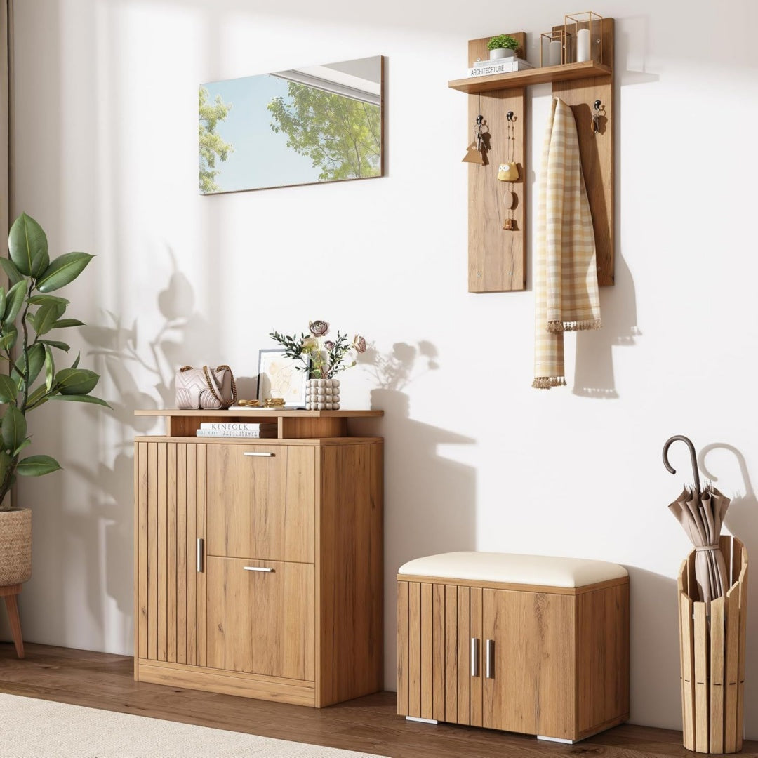 Flurgarderobe Garderobenschrank Flur Wandgarderobe Garderobenset mit Schuhbank und Schuhschrank 1 Spiegel