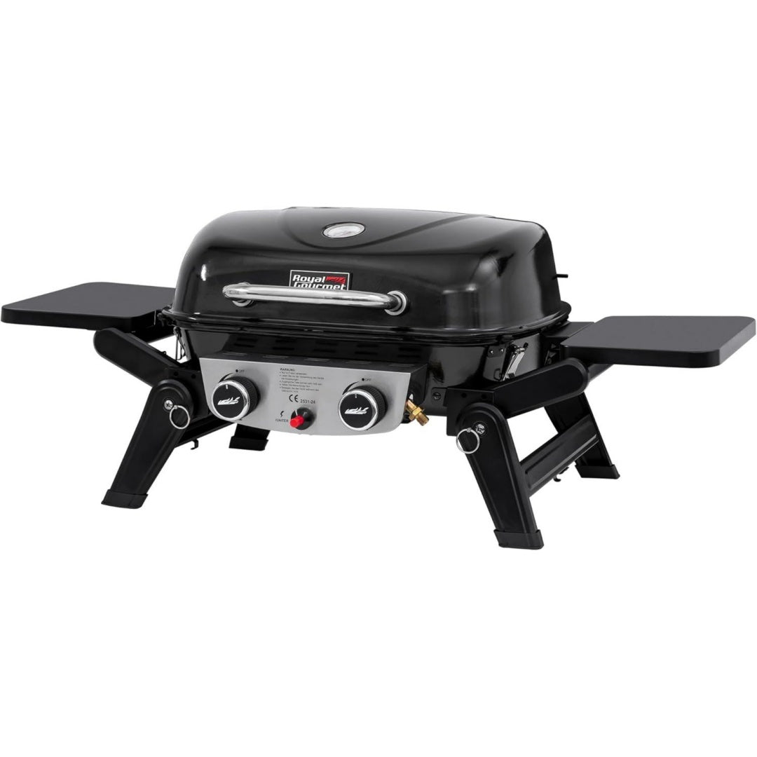Royal Gourmet 2-Brenner Tragbarer Gasgrill Schwarz 5 kW Tischgrill mit klappbaren Seitentischen portabler BBQ Grill fuer Balkon
