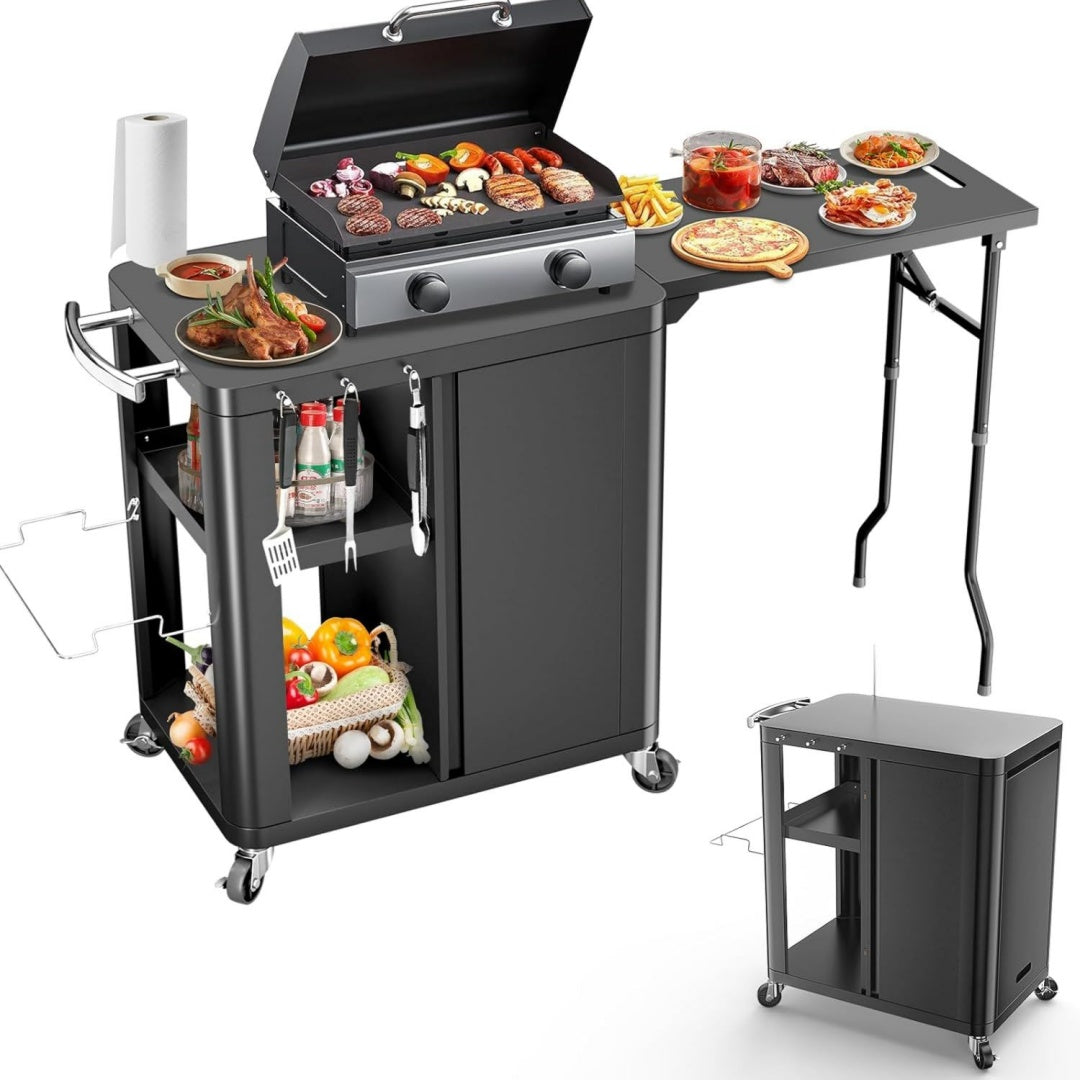 Grillwagen Grillschrank mit klappbarer Beistelltisch Grilltisch Outdoorkueche mit Haken