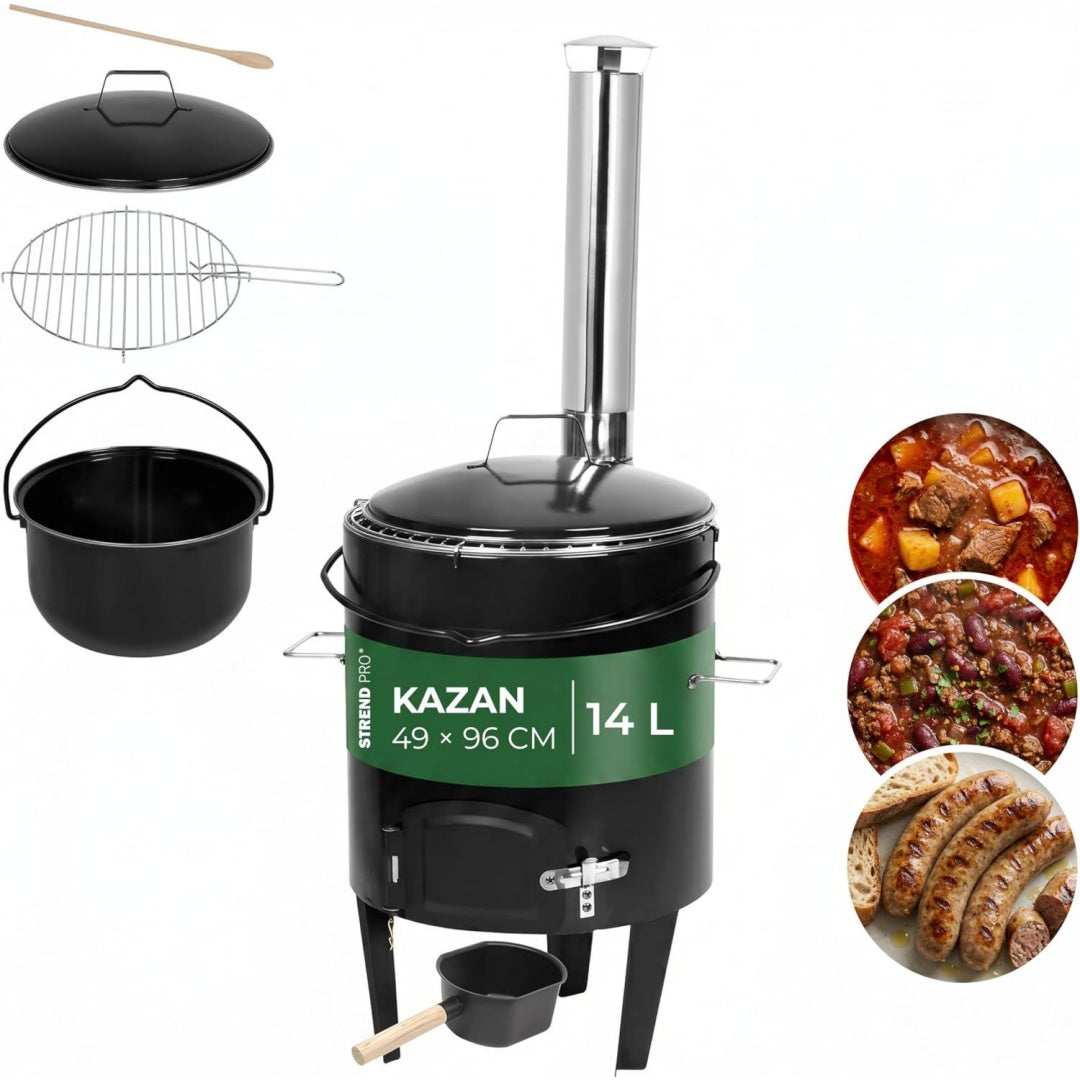 STREND PRO Gulaschkanone 14 Liter Komplett-Set emaillierter Gulaschkessel Kazan Kasan Gulyas Outdoor Gulaschkocher fuer Holzfeuer Edelstahlkamin Rost
